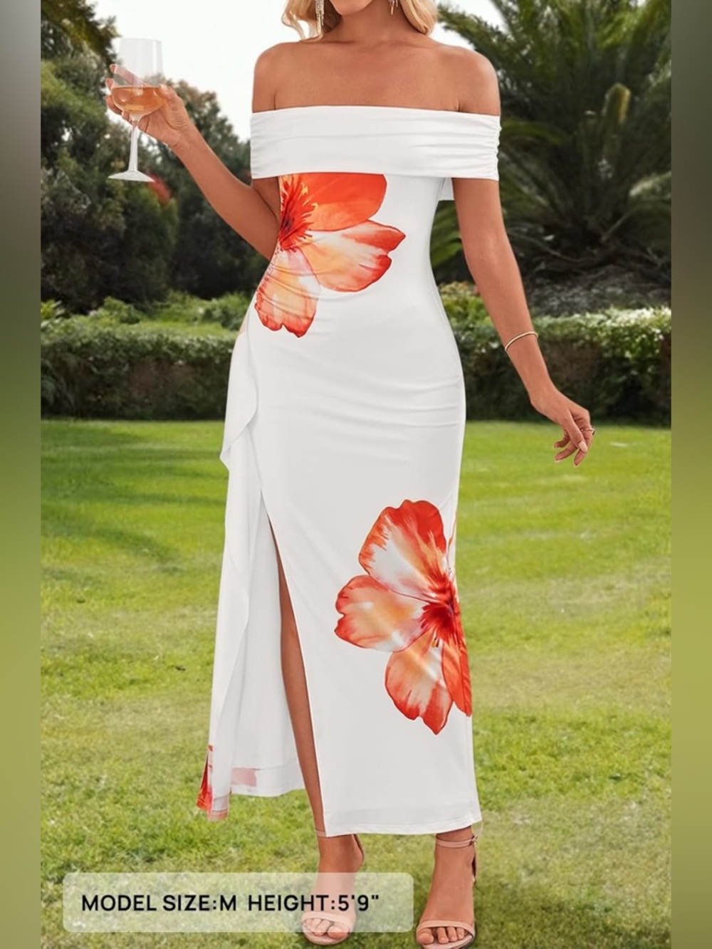White Off shoulder Floral Midi Dress with Orange Blossom Accents - Picture 1 of 7